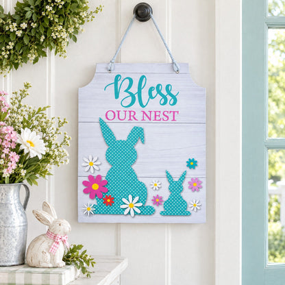 Easter Bunny Hanging Wall Sign With Pastel Florals Decor 11.5 Inches Tall