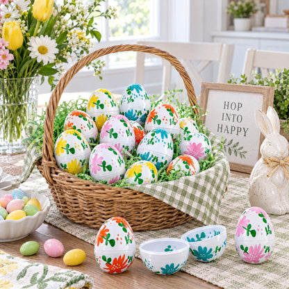 Set of 24 Flowers on White Plastic Easter Eggs, 2.25 Inches Each