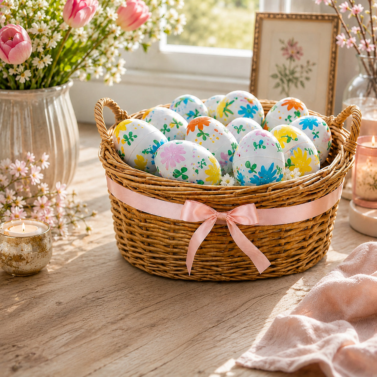 Set of 24 Flowers on White Plastic Easter Eggs, 2.25 Inches Each