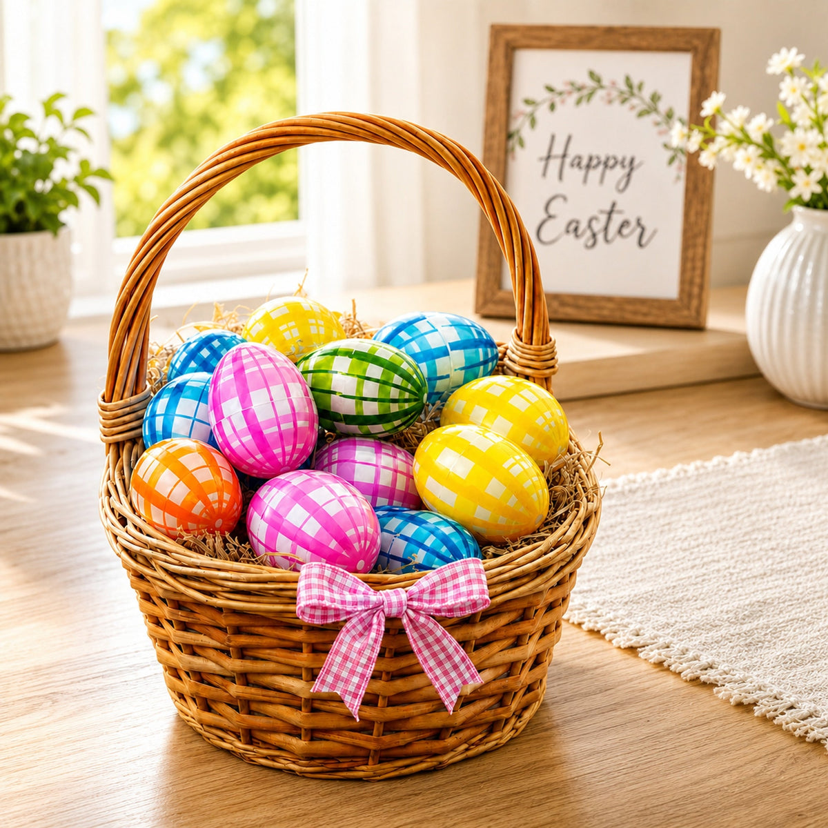 Set of 12 Fillable Easter Eggs Multicolor Plaid Plastic Hinged Eggs 2.25 Inches