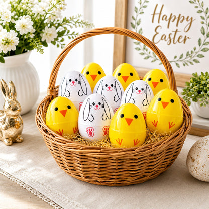 Set of 10 Bunny and Chick Easter Eggs Fillable Plastic Eggs Cute Egg Hunt Party Supplies 2.25 Inches