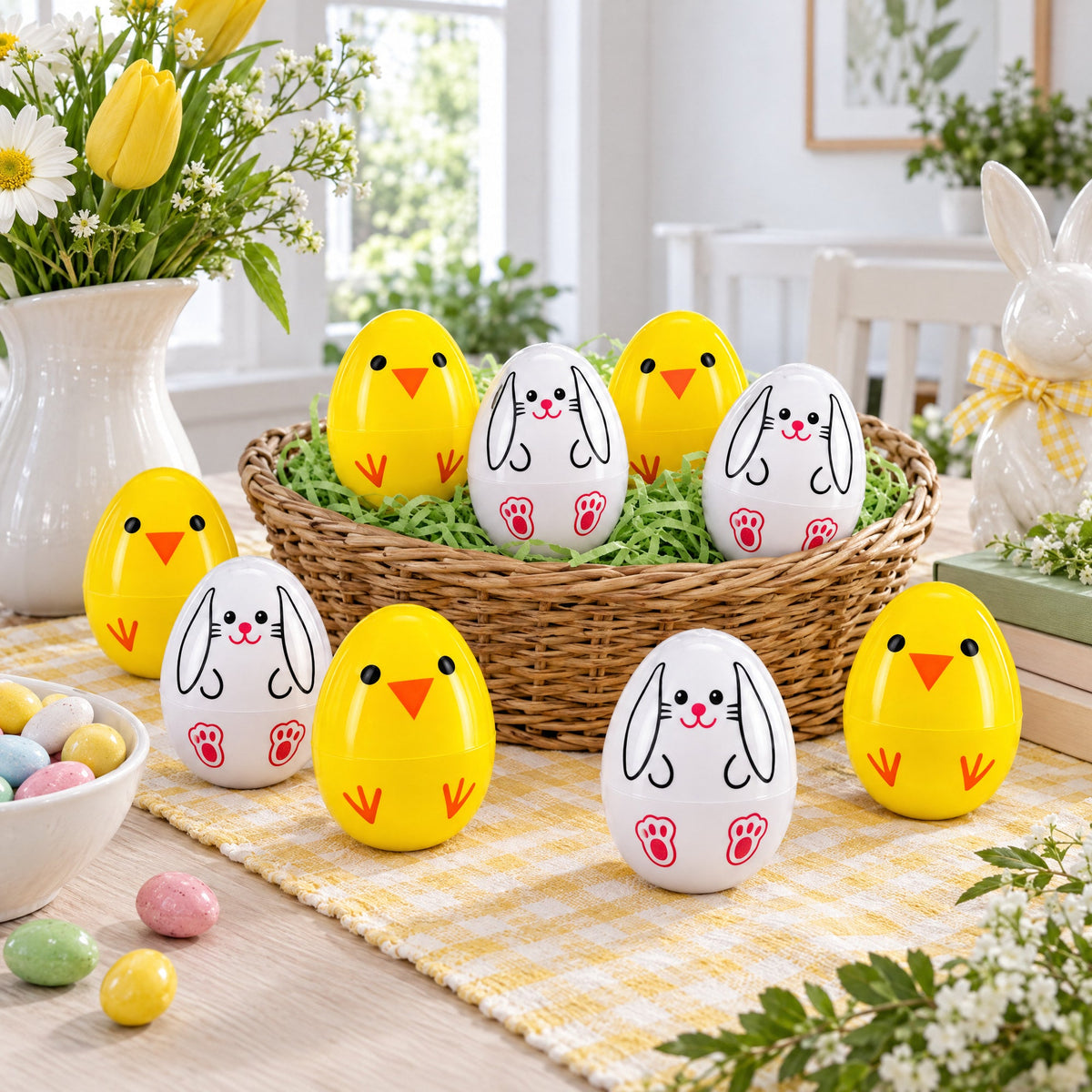 Set of 10 Bunny and Chick Easter Eggs Fillable Plastic Eggs Cute Egg Hunt Party Supplies 2.25 Inches