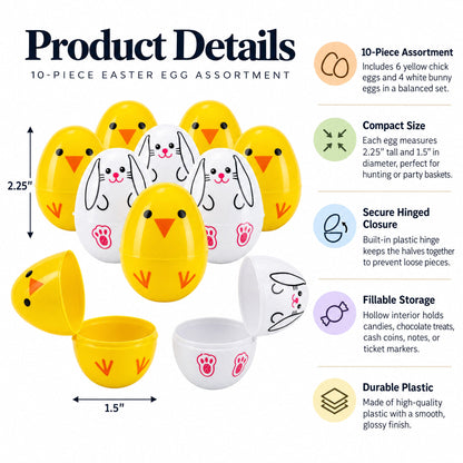 Set of 10 Bunny and Chick Easter Eggs Fillable Plastic Eggs Cute Egg Hunt Party Supplies 2.25 Inches