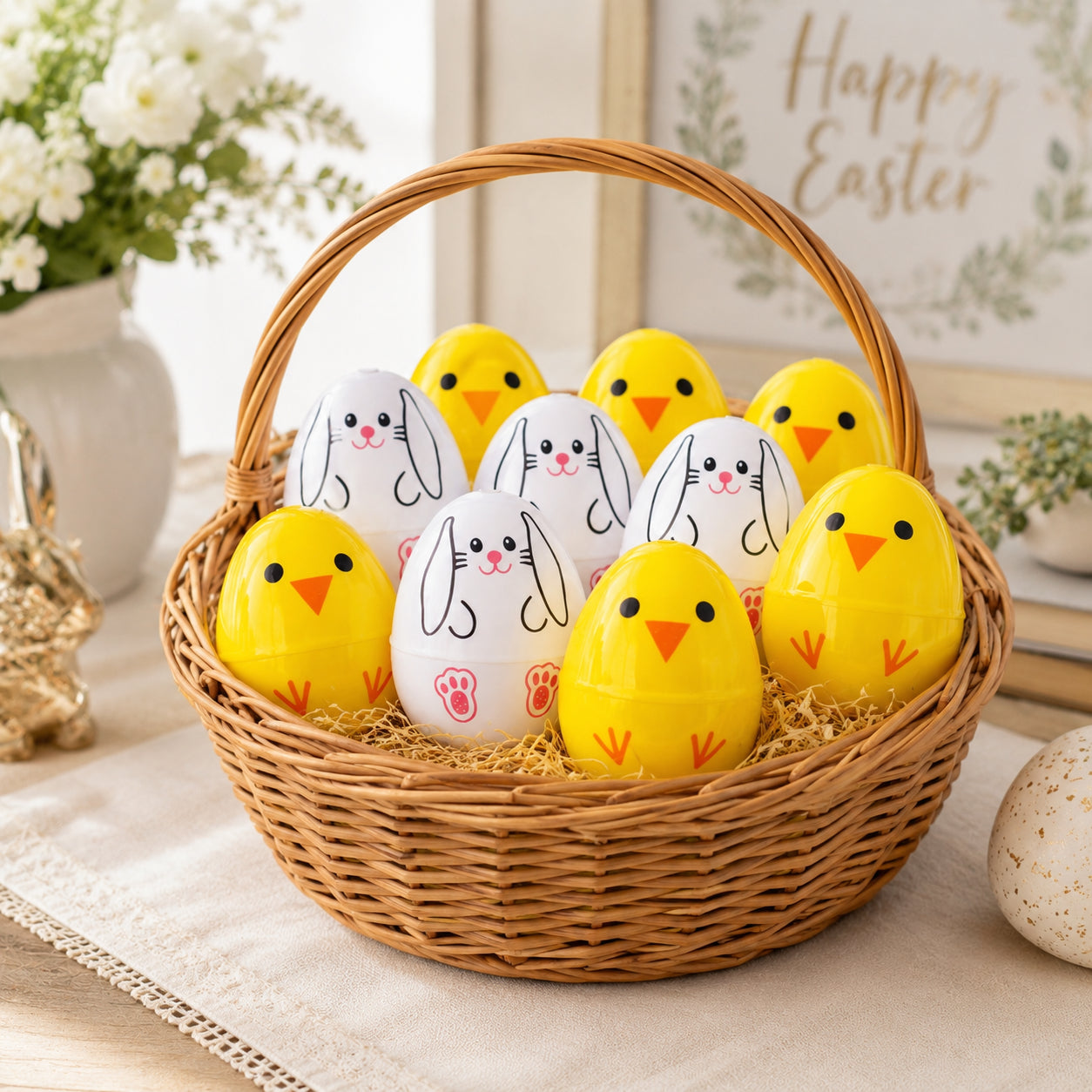 Set of 10 Bunny and Chick Easter Eggs Fillable Plastic Eggs Cute Egg Hunt Party Supplies 2.25 Inches
