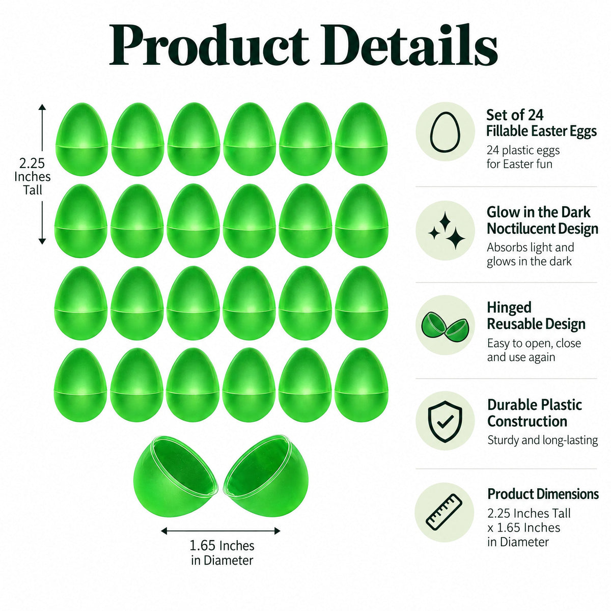 Set of 24 Glow in the Dark Easter Eggs Fillable Plastic Eggs for Nighttime Egg Hunt Fun 2.25 Inches