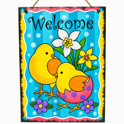 Easter Chick Decorative Wall Sign Spring Welcome Hanging Plaque with Floral Design 10 Inches