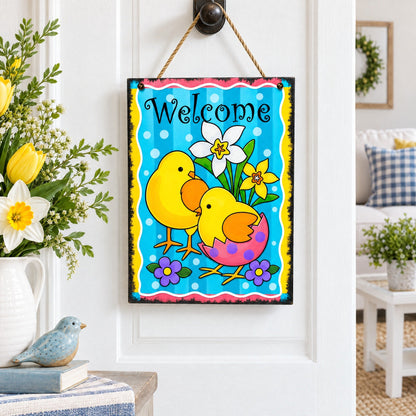 Easter Chick Decorative Wall Sign Spring Welcome Hanging Plaque with Floral Design 10 Inches