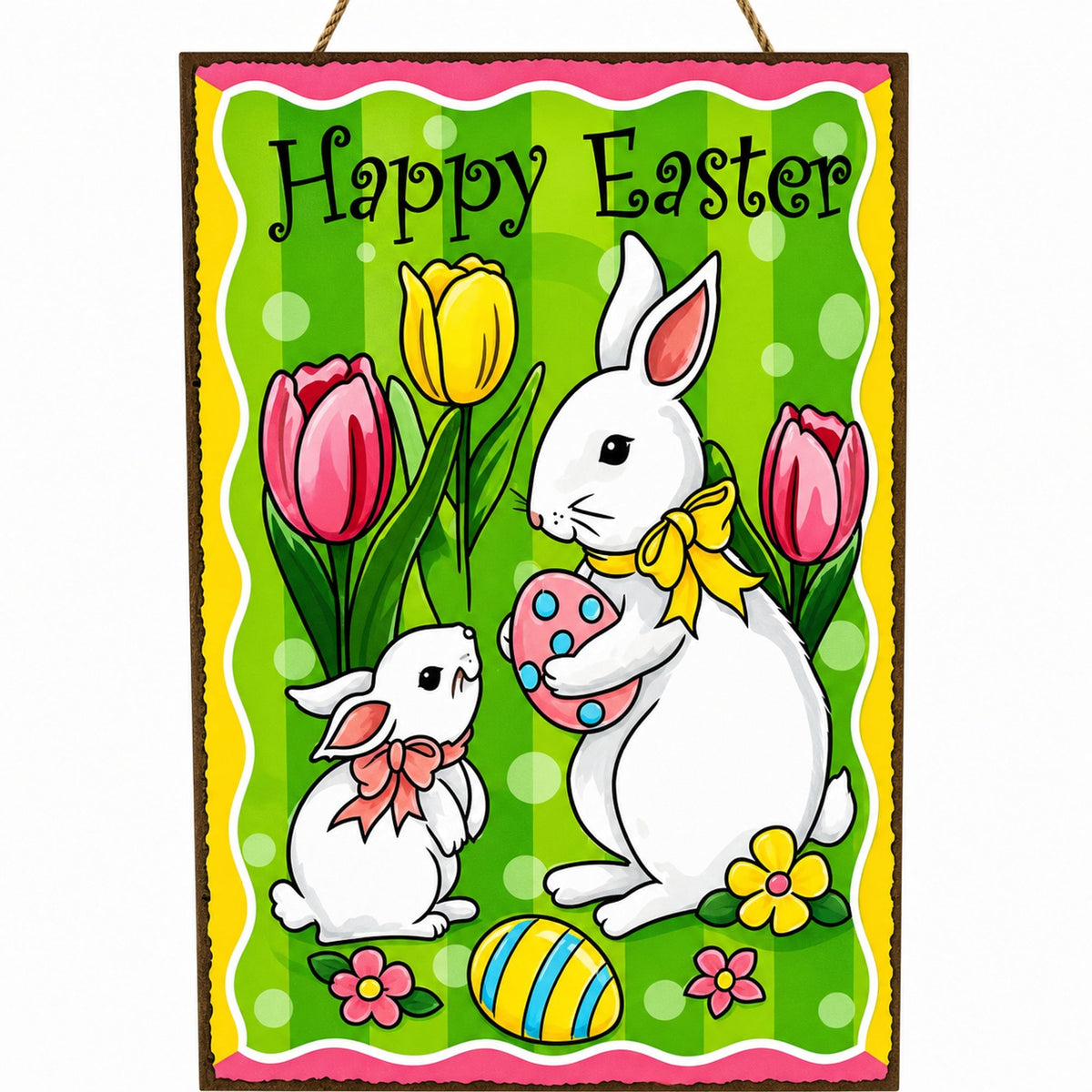 Easter Bunny Decorative Wall Sign Spring Egg Hunt Hanging Plaque with Flowers 10 Inches Tall