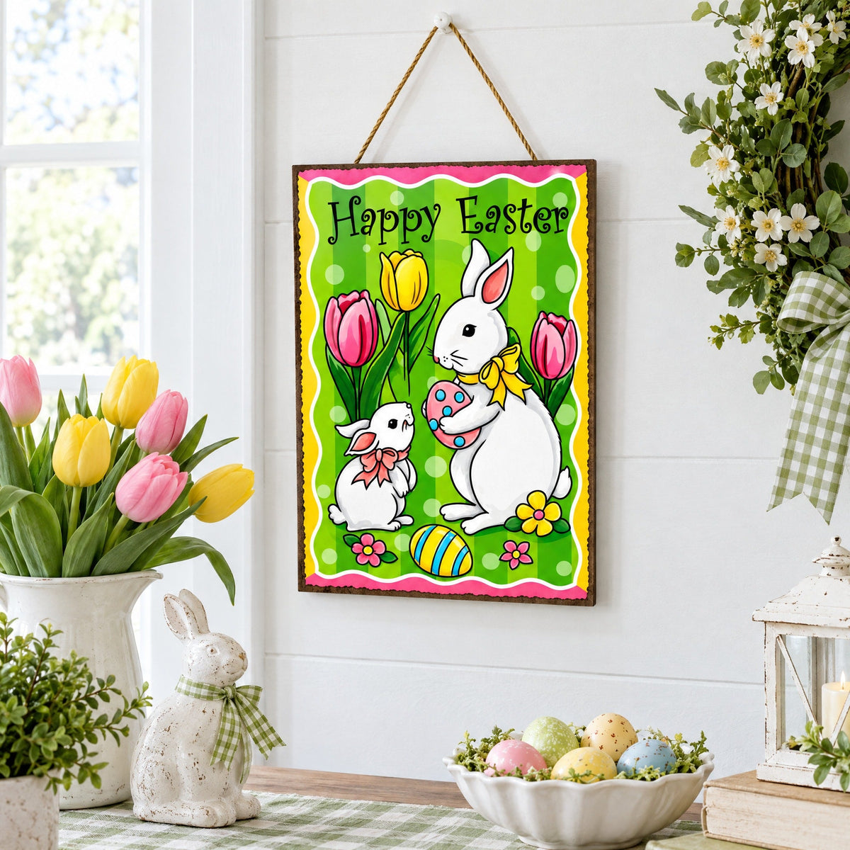 Easter Bunny Decorative Wall Sign Spring Egg Hunt Hanging Plaque with Flowers 10 Inches Tall