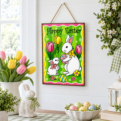Easter Bunny Decorative Wall Sign Spring Egg Hunt Hanging Plaque with Flowers 10 Inches Tall