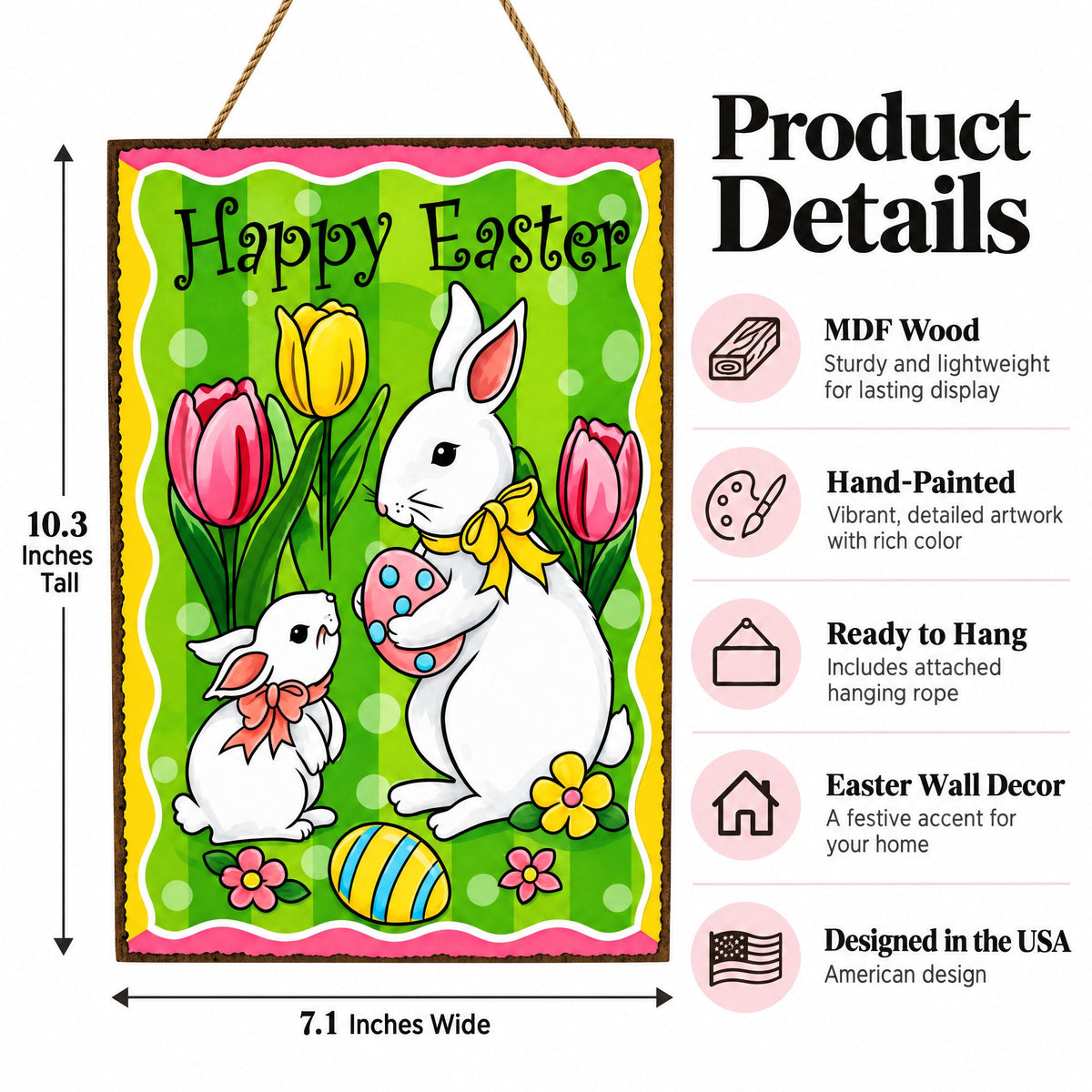 Easter Bunny Decorative Wall Sign Spring Egg Hunt Hanging Plaque with Flowers 10 Inches Tall