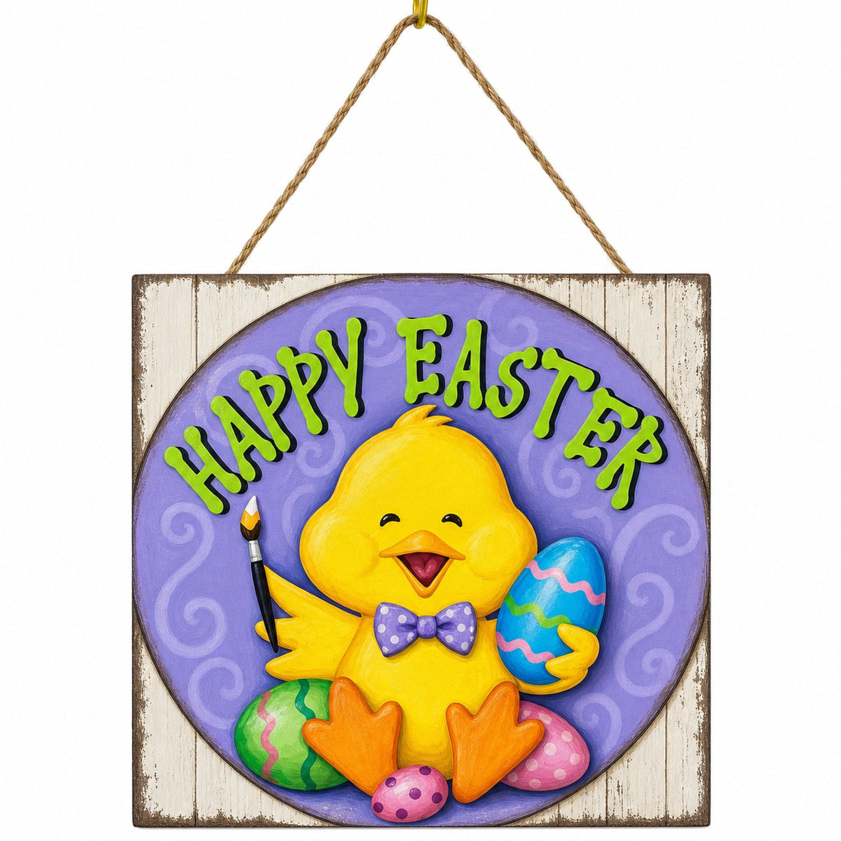 Happy Easter Chick Decorative Wall Plaque with Painted Egg Accents 10 Inches Tall