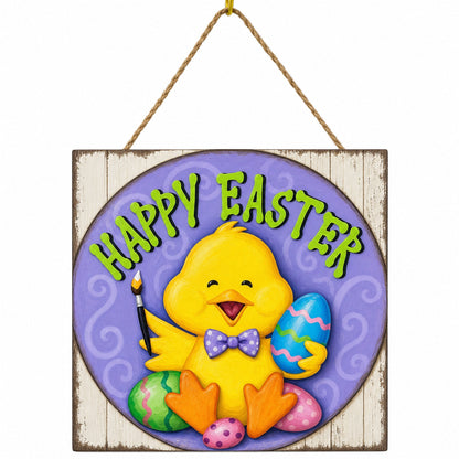 Happy Easter Chick Decorative Wall Plaque with Painted Egg Accents 10 Inches Tall