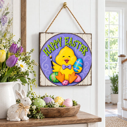 Happy Easter Chick Decorative Wall Plaque with Painted Egg Accents 10 Inches Tall