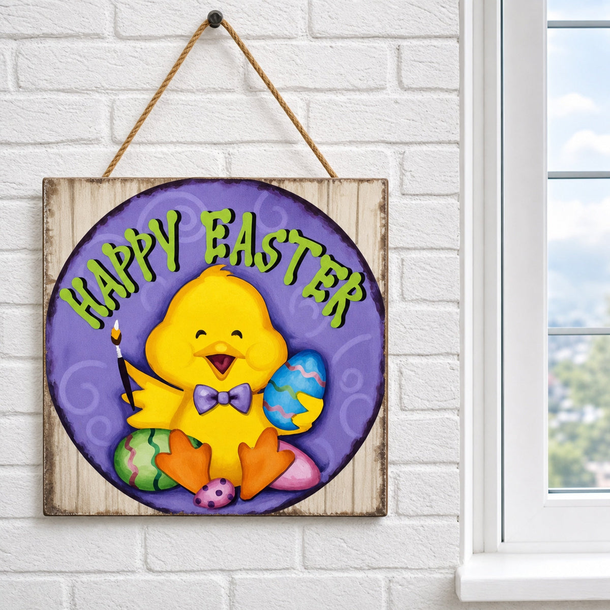 Happy Easter Chick Decorative Wall Plaque with Painted Egg Accents 10 Inches Tall