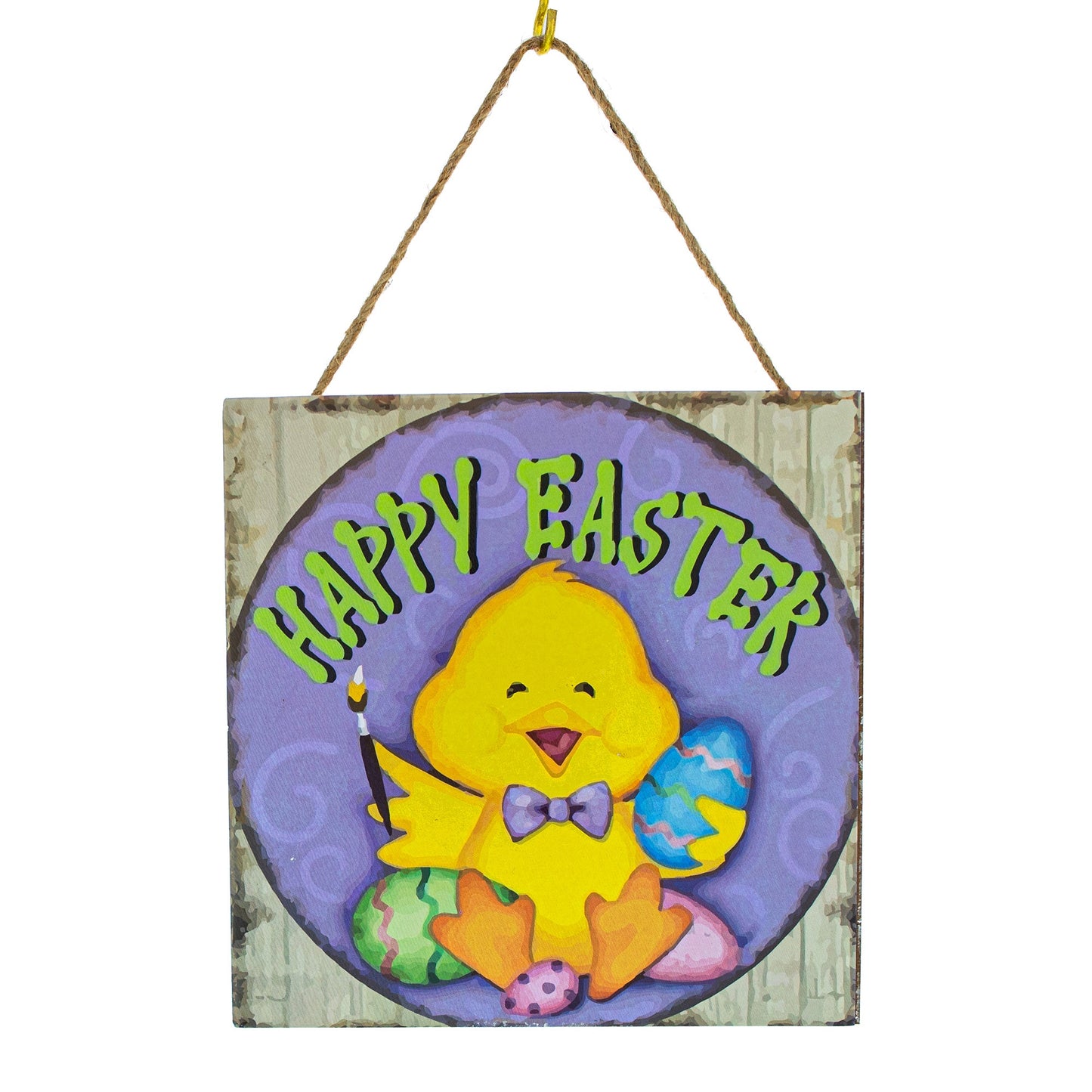 Happy Easter Chick Decorative Wall Plaque with Painted Egg Accents 10 Inches Tall