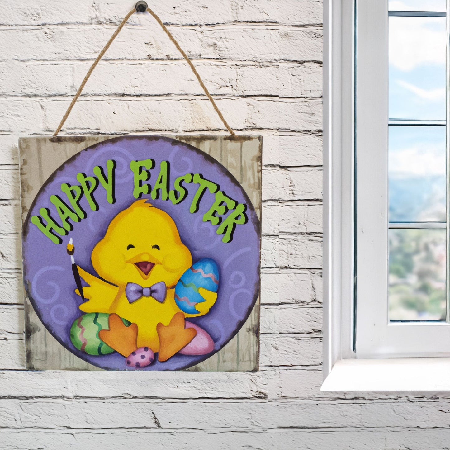 Happy Easter Chick Decorative Wall Plaque with Painted Egg Accents 10 Inches Tall