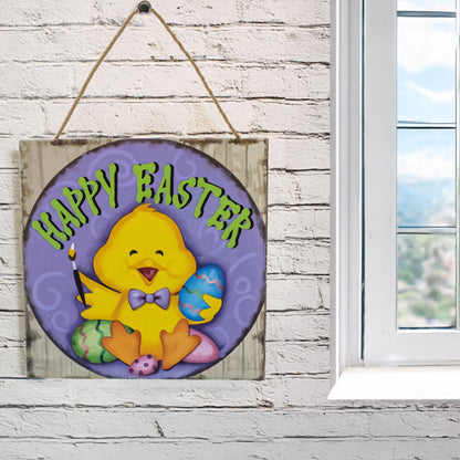 Happy Easter Chick Decorative Wall Plaque with Painted Egg Accents 10 Inches Tall