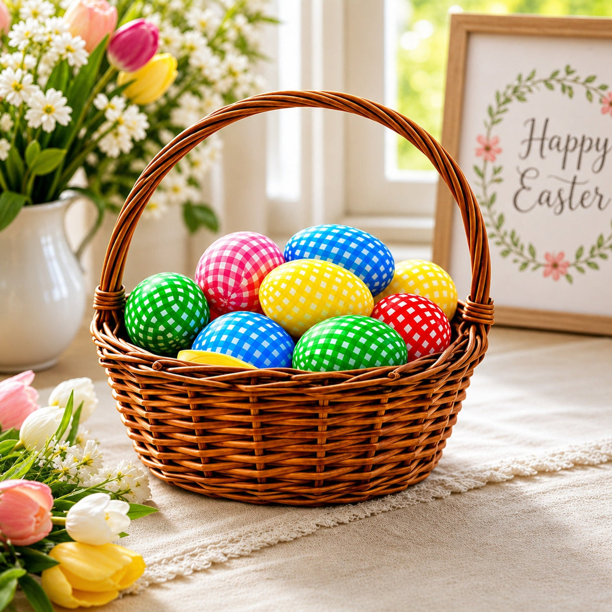 Set of 10 Gingham Checkered Plastic Easter Eggs - Fillable Hunt Decor 2.25 Inches