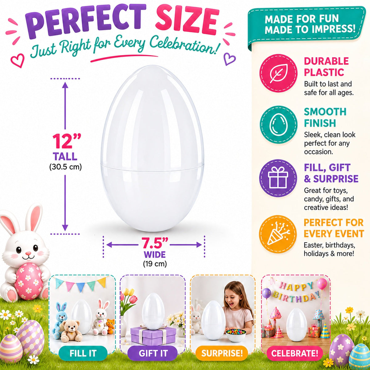 Giant Extra Large White Plastic Easter Egg Two Tones 12 Inches