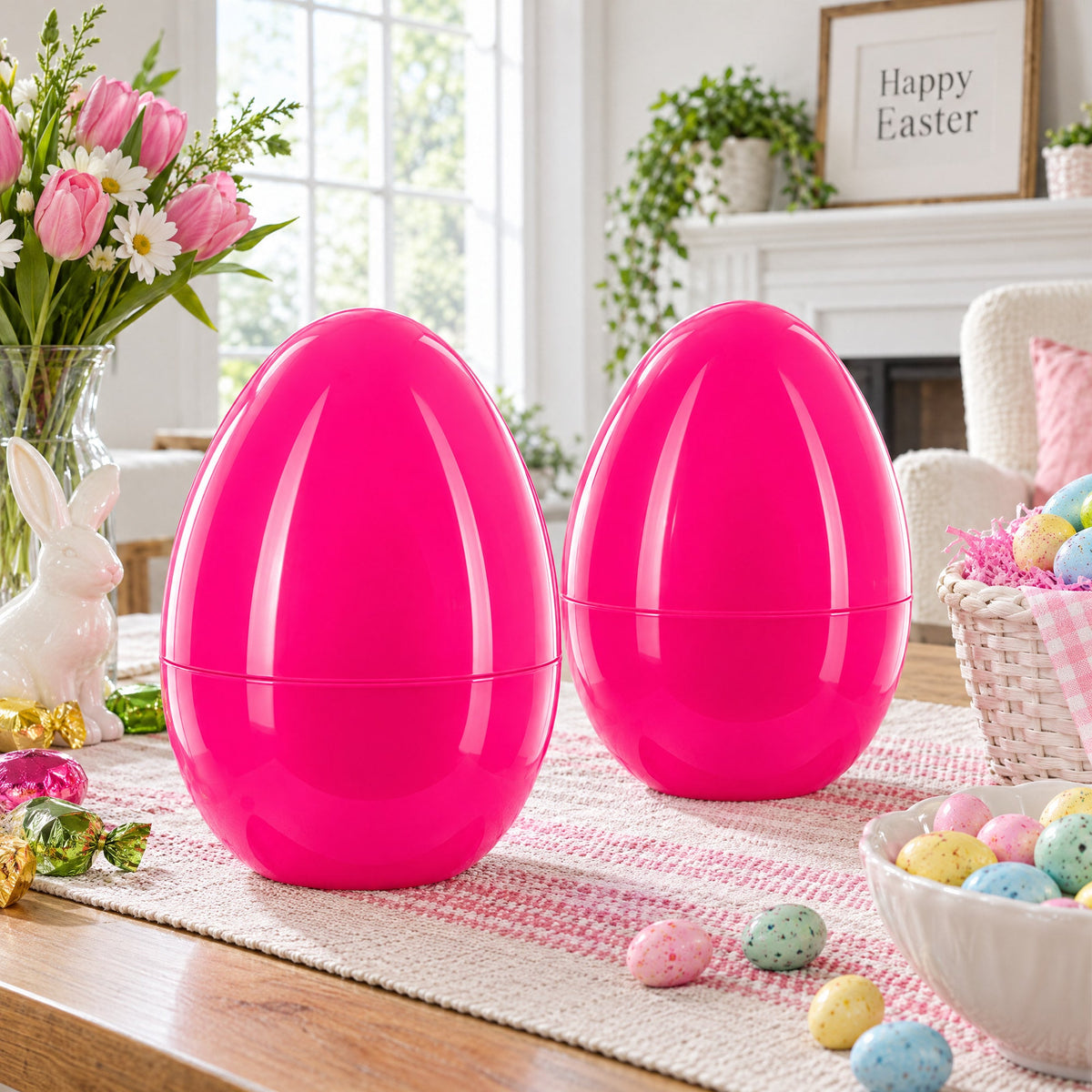Set of 2 Pink Jumbo Plastic Easter Eggs Giant Fillable Large Size 10 Inches