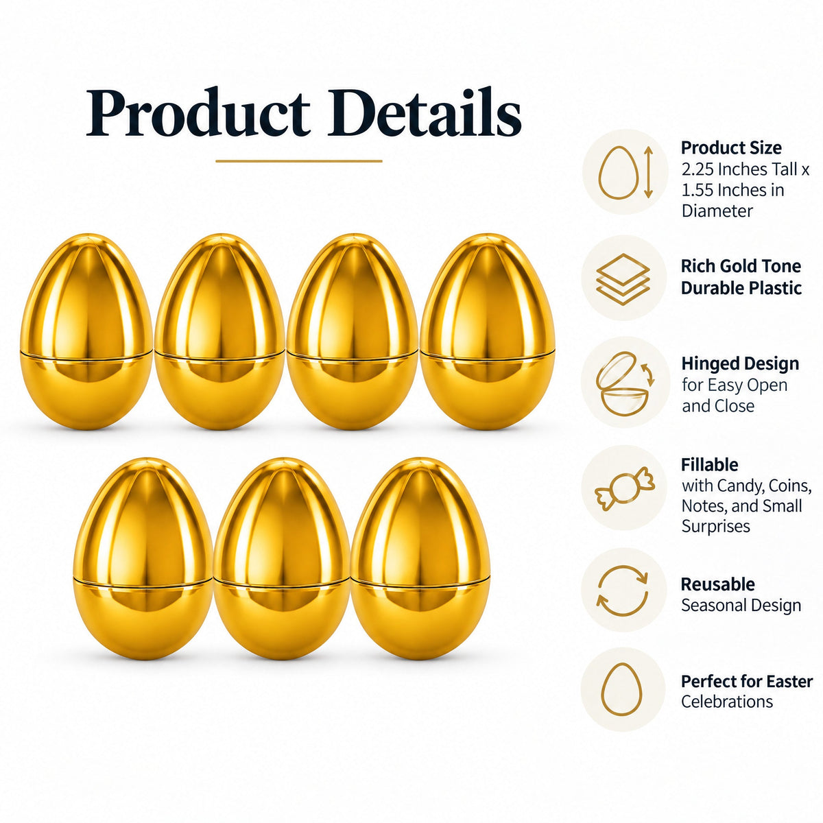 Set of 6 Metallic Gold Easter Eggs Fillable Plastic Hinged Eggs Reusable Prize Egg Set 2.25 Inches
