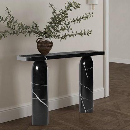Black Turkish Marble Console Table - Polished Designer Round Legs