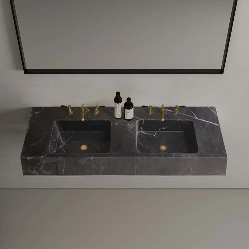 Black Marble 60 Inch Wall Mount Vanity With Double Bathroom Sinks