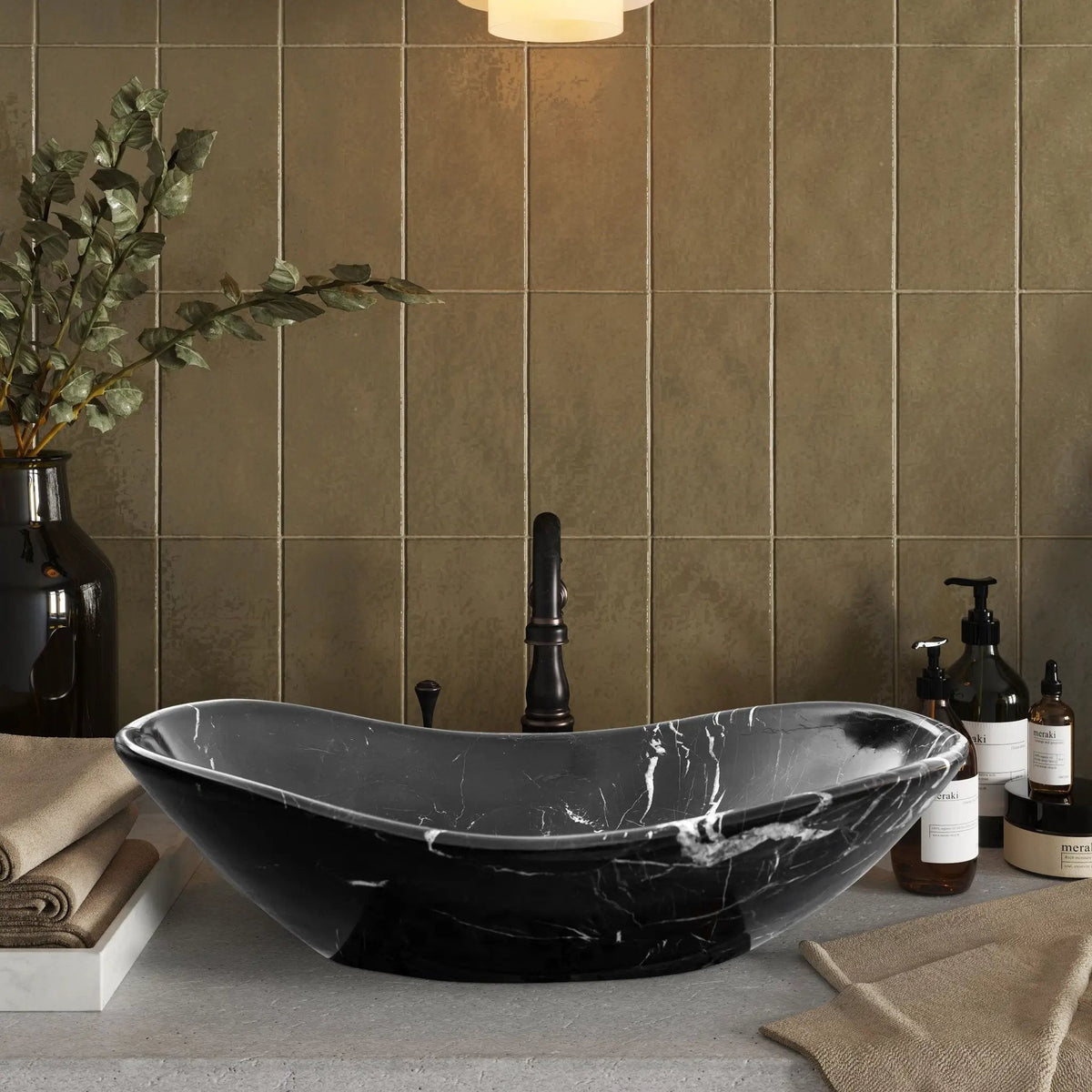 Black Turkish Marble Handcrafted Vessel Bathroom Sink Above Counter Vanity