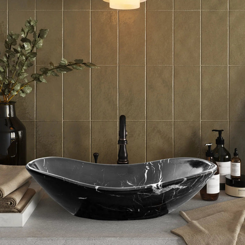 Black Turkish Marble Handcrafted Vessel Bathroom Sink Above Counter Vanity
