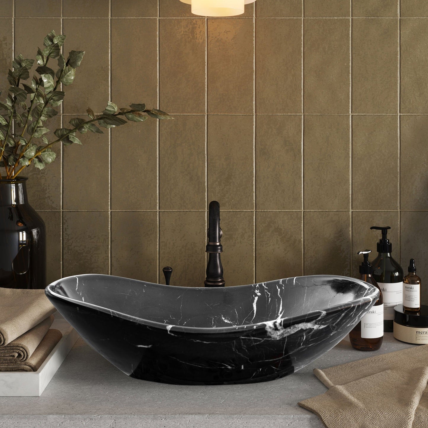 Black Turkish Marble Handcrafted Vessel Bathroom Sink - Above Counter Vanity Design