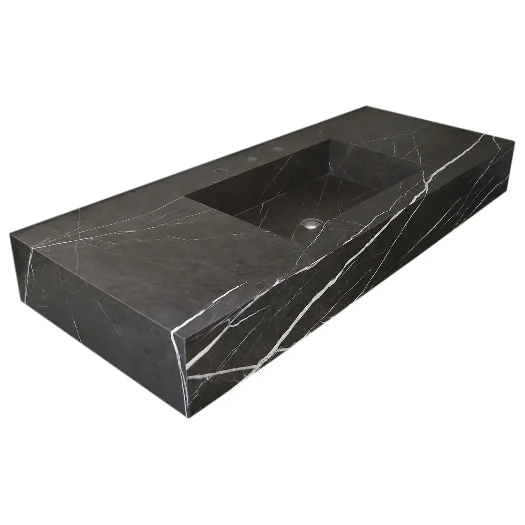 Honed Black Marble Wall Mount Rectangle Bathroom Sink 20 Inch