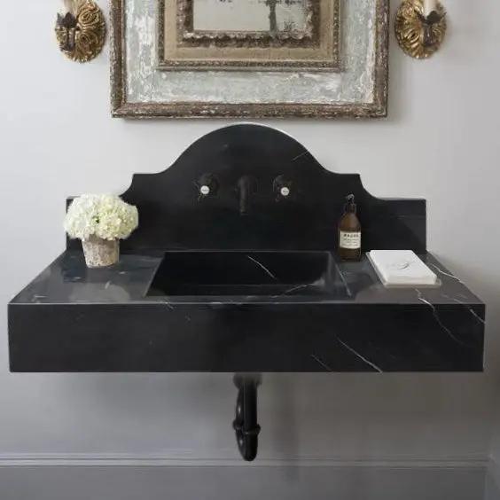 Black Marble Wall Mount Bathroom Sink Polished Backsplash 15 X 33 Inch