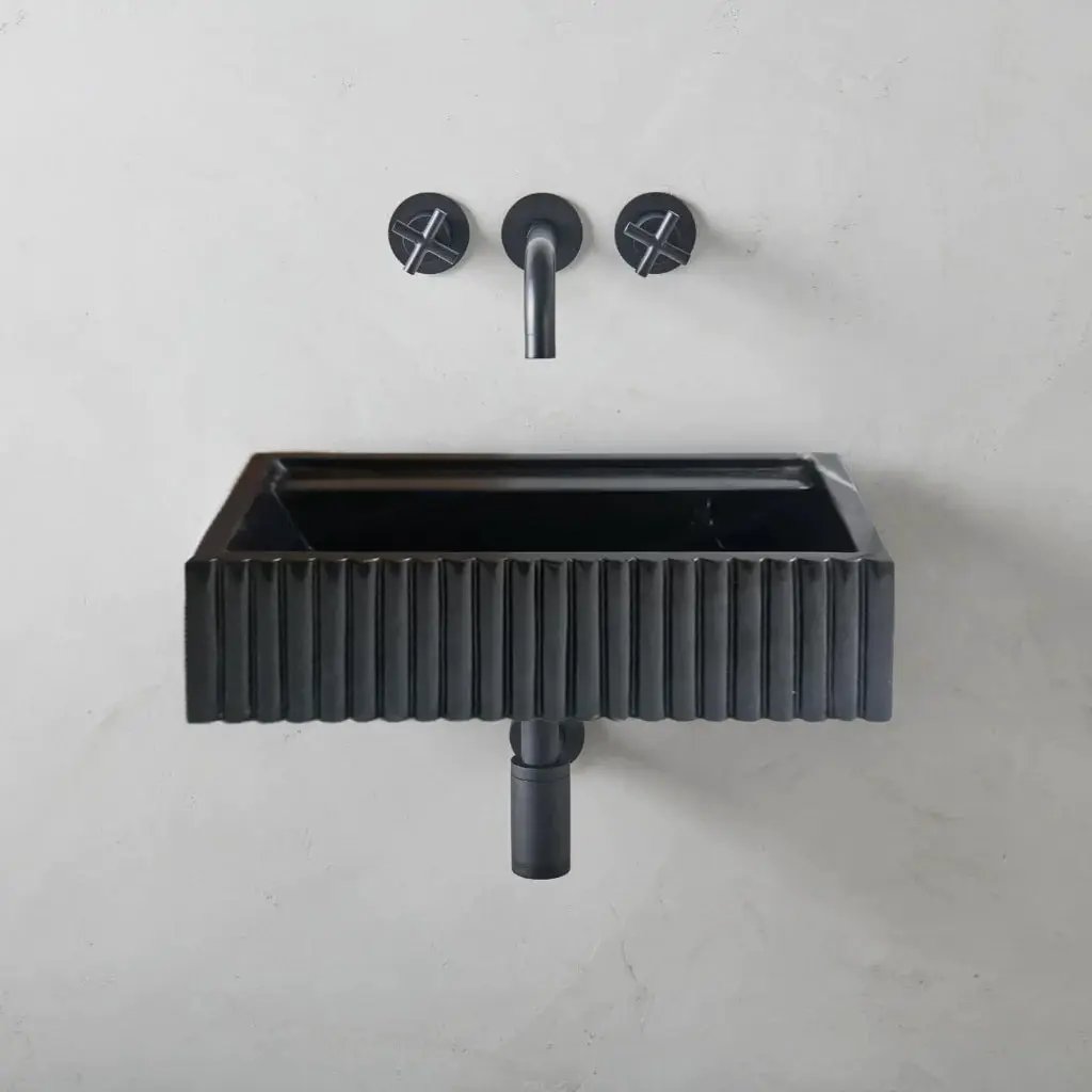 Turkish Black Fluted Wall Mount Bathroom Marble Sink 16 Inch