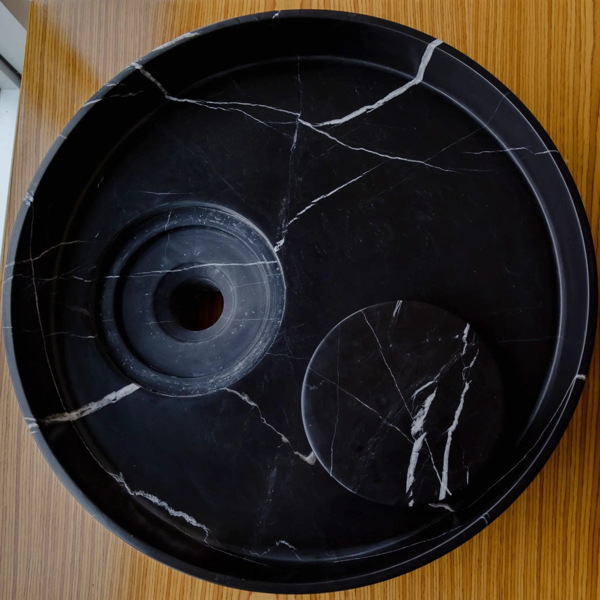 Polished Black Marble Circular Vessel Sink 17.5 Inches Bathroom