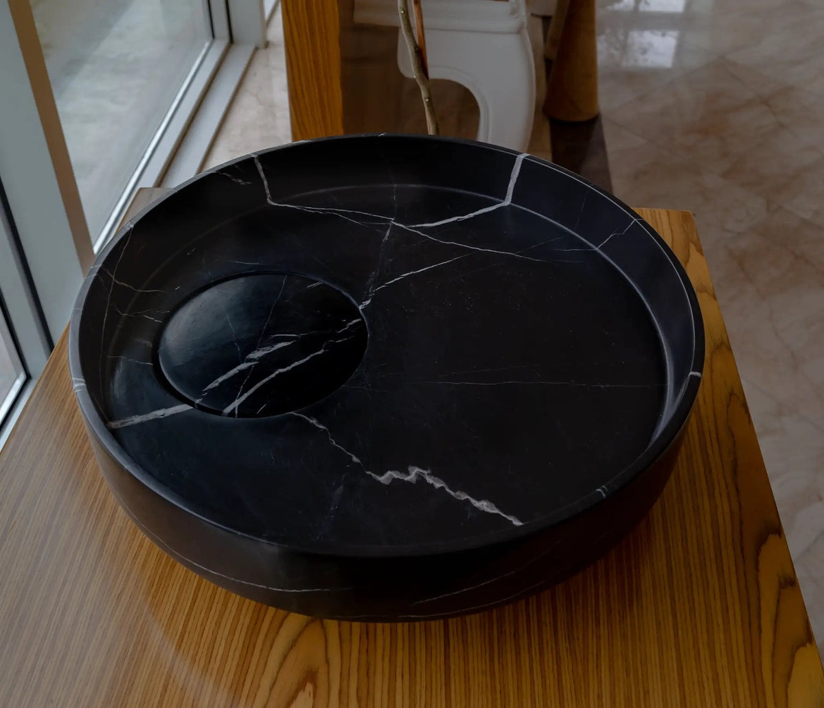 Polished Black Marble Circular Vessel Sink 17.5 Inches Bathroom