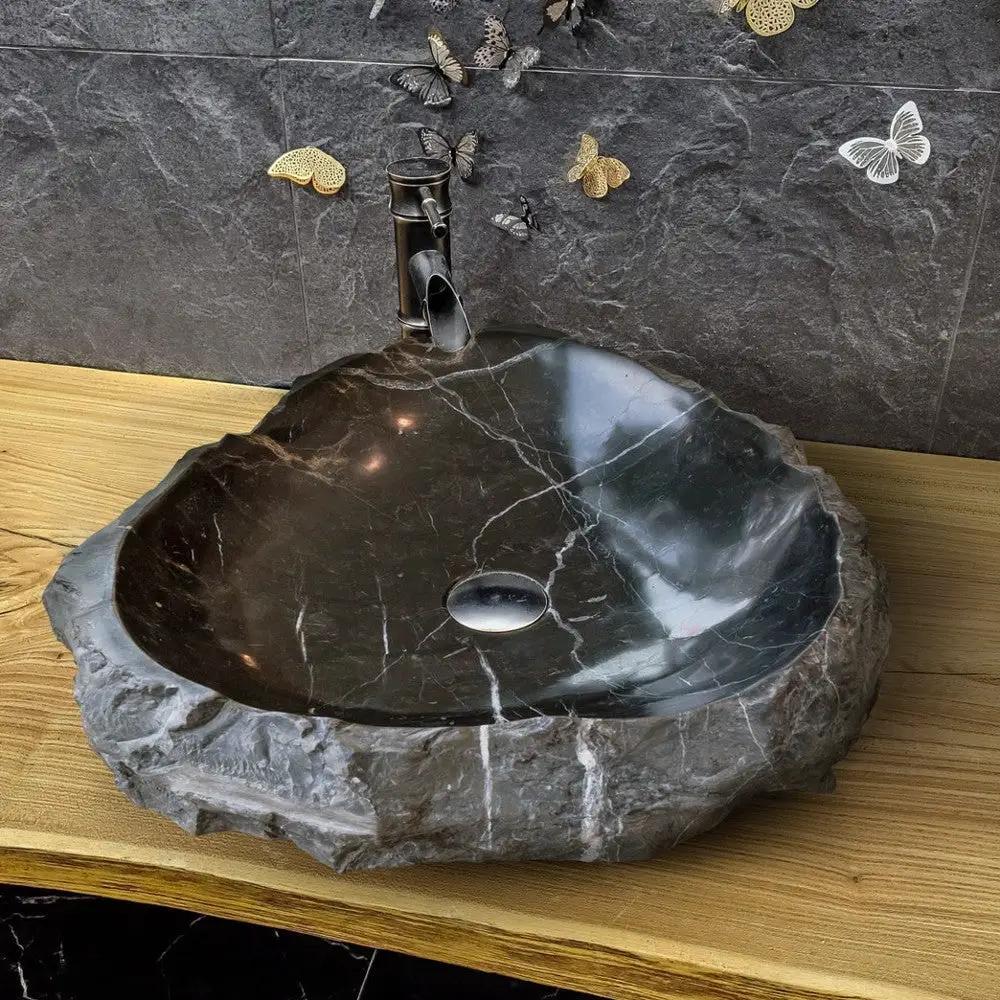 Handcrafted Black Marble Vessel Sink Natural Stone Bathroom Basin