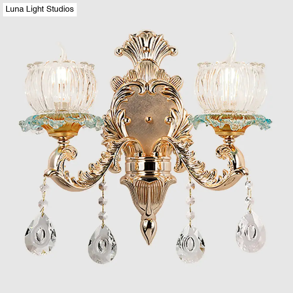 DecorBites™ Traditional 2-Light Crystal Wall Mount Lamp in Gold - Elegant Restaurant Wall Lighting