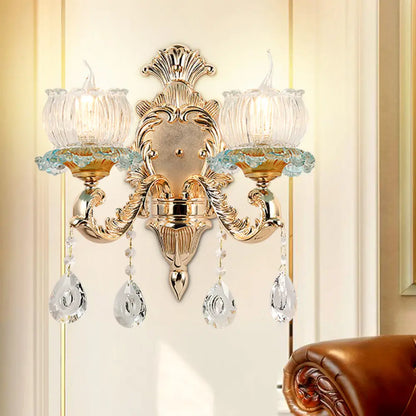 DecorBites™ Traditional 2-Light Crystal Wall Mount Lamp in Gold - Elegant Restaurant Wall Lighting