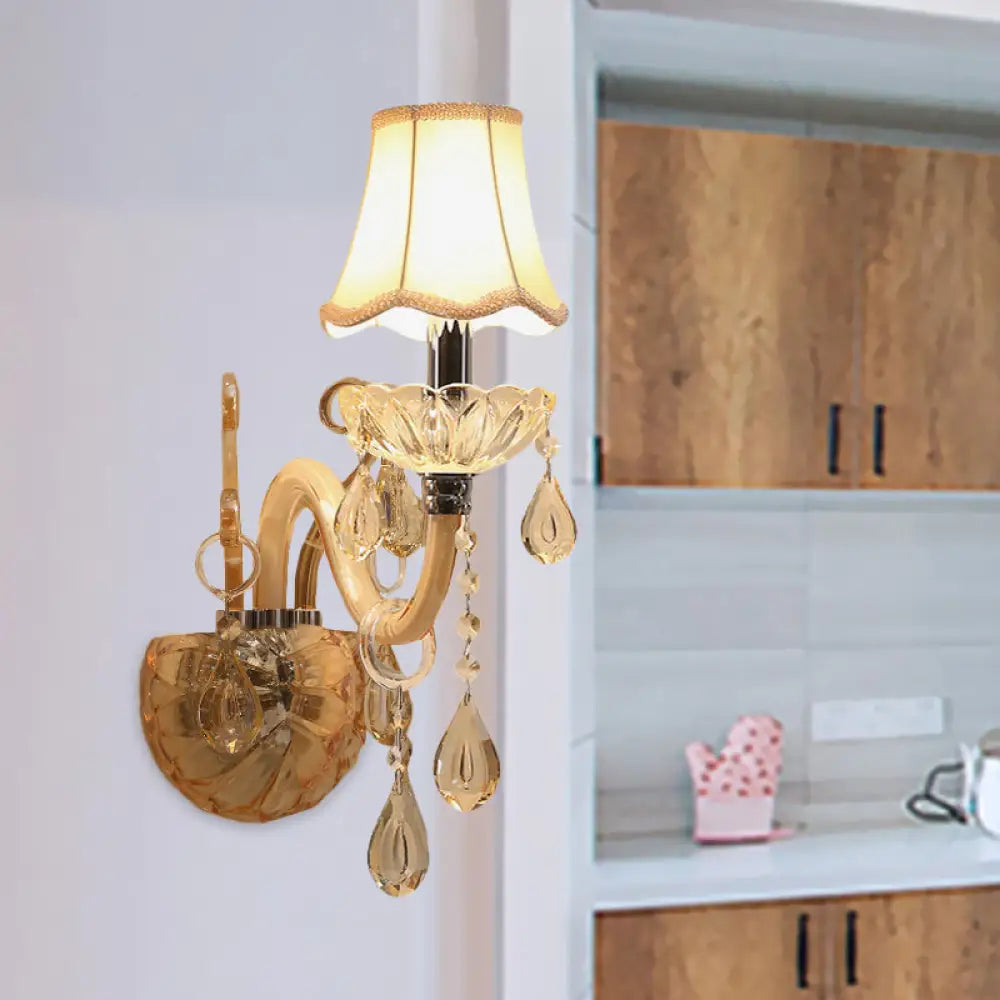 DecorBites™ Traditional Amber Glass Candle Wall Sconce with Scalloped Fabric Shade - Bedroom Lighting