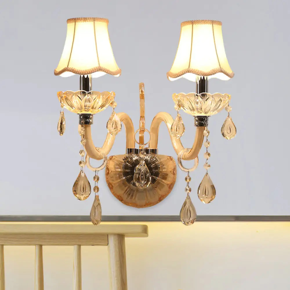 DecorBites™ Traditional Amber Glass Candle Wall Sconce with Scalloped Fabric Shade - Bedroom Lighting
