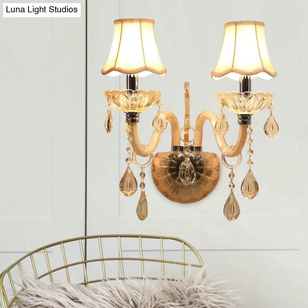 DecorBites™ Traditional Amber Glass Candle Wall Sconce with Scalloped Fabric Shade - Bedroom Lighting