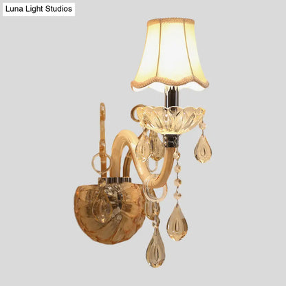 DecorBites™ Traditional Amber Glass Candle Wall Sconce with Scalloped Fabric Shade - Bedroom Lighting