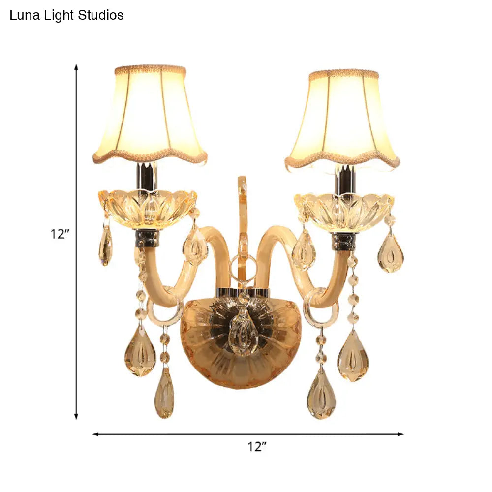 DecorBites™ Traditional Amber Glass Candle Wall Sconce with Scalloped Fabric Shade - Bedroom Lighting