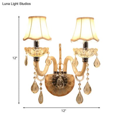 DecorBites™ Traditional Amber Glass Candle Wall Sconce with Scalloped Fabric Shade - Bedroom Lighting