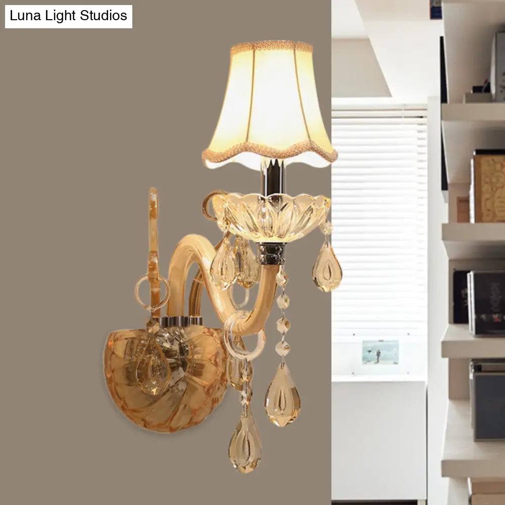DecorBites™ Traditional Amber Glass Candle Wall Sconce with Scalloped Fabric Shade - Bedroom Lighting
