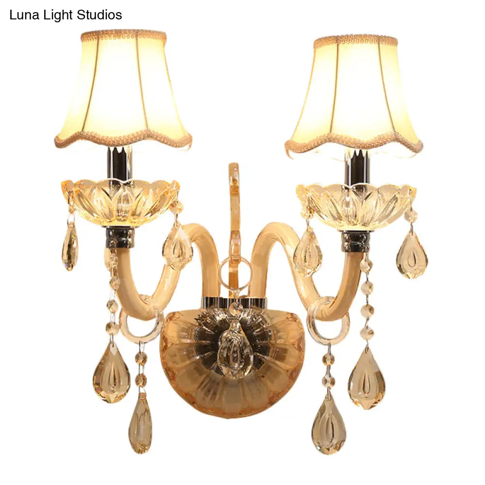 DecorBites™ Traditional Amber Glass Candle Wall Sconce with Scalloped Fabric Shade - Bedroom Lighting