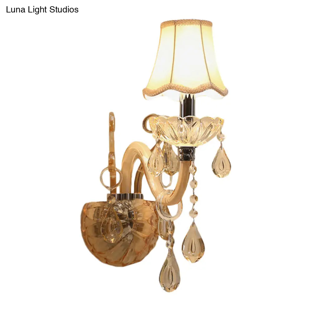 DecorBites™ Traditional Amber Glass Candle Wall Sconce with Scalloped Fabric Shade - Bedroom Lighting