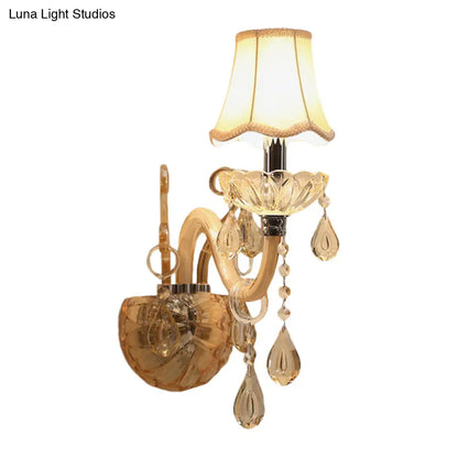 DecorBites™ Traditional Amber Glass Candle Wall Sconce with Scalloped Fabric Shade - Bedroom Lighting