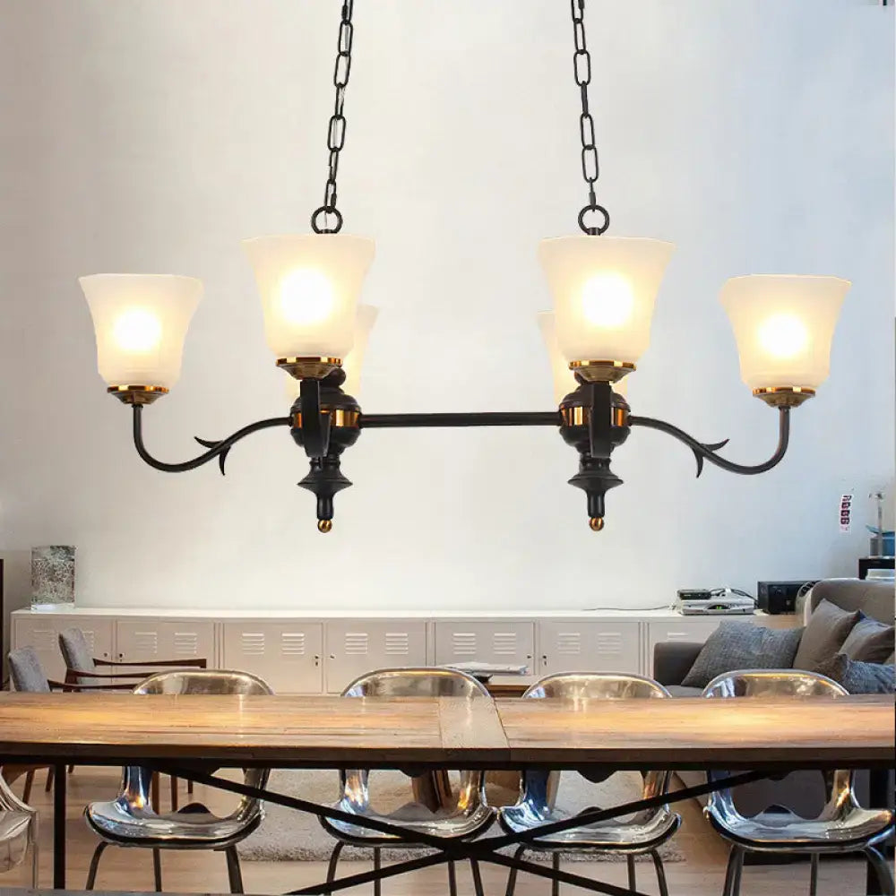 Traditional black and gold pendant ceiling lamp with white glass shades dining room